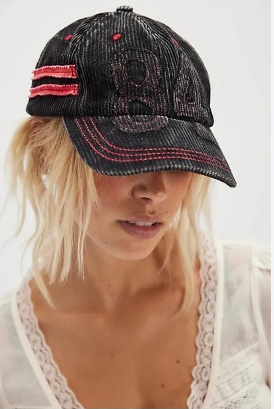Free People Movement Hollie Varsity Baseball Cap Black/Red, One Size, MSRP $48